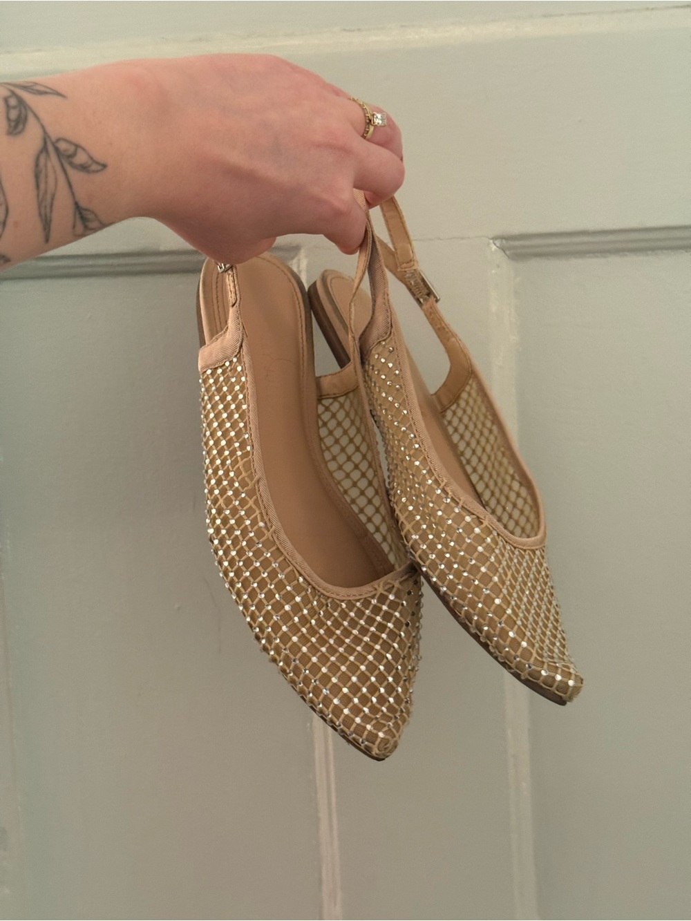 Beige Rhinestone Mesh Slingback Flats